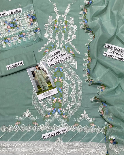 Green Chikankari 3-Piece Lawn Suit for Women