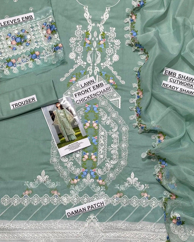 Green Chikankari 3-Piece Lawn Suit for Women