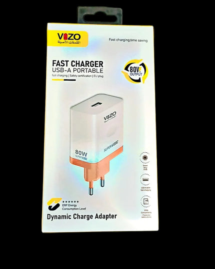 VOZO 80W Fast Charger USB-A Portable | Super Fast Charging Adapter (EU Plug)
